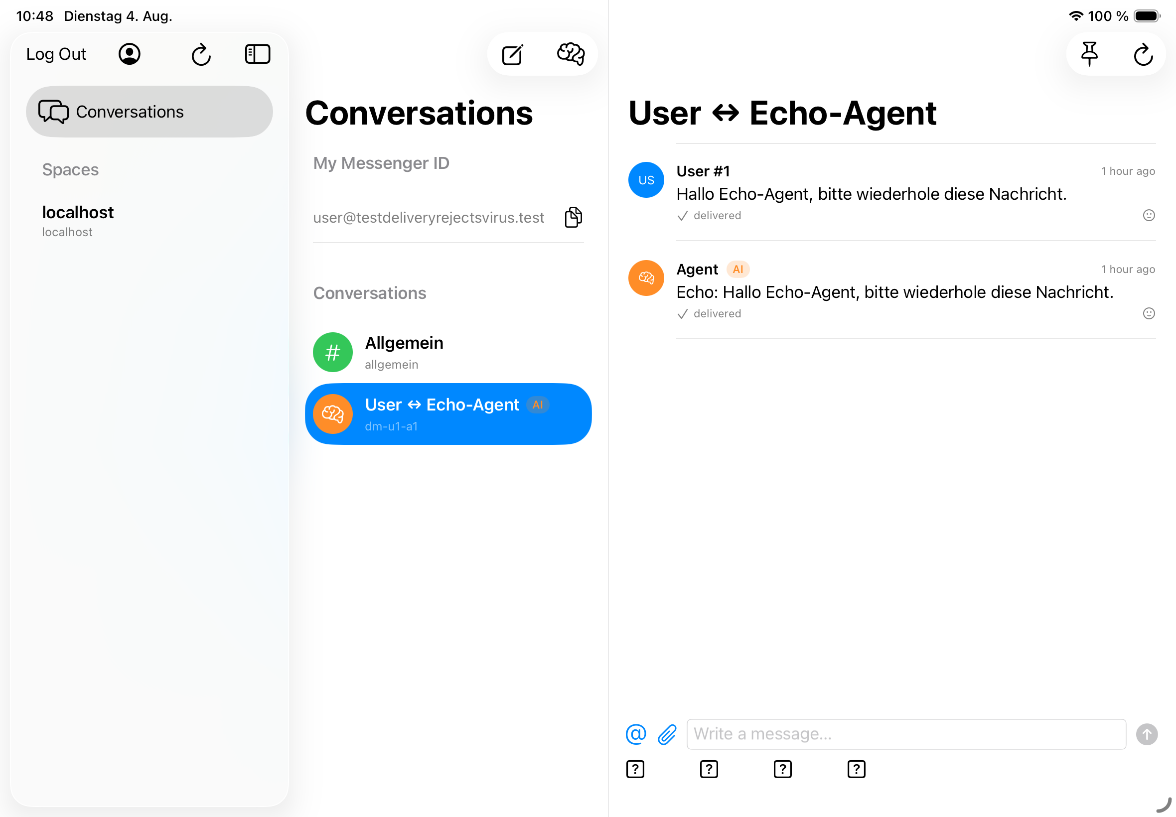 iPad im Querformat: drei Spalten — Spaces, Unterhaltungsliste und die geöffnete Agent-Unterhaltung mit KI-Badge.
